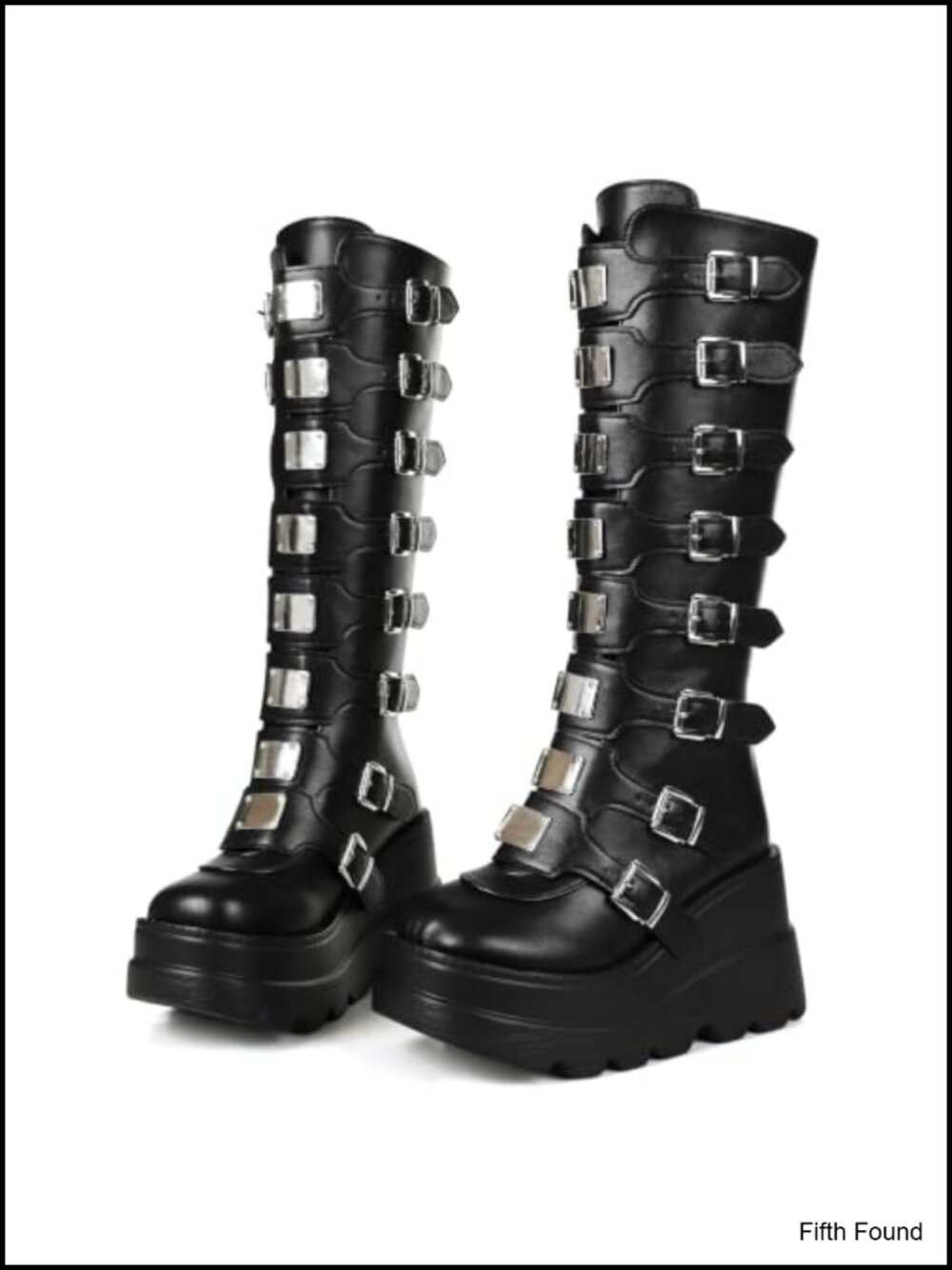 Women's Faux Leather Knee High Platform Wedge Combat Boots Multi Buckle